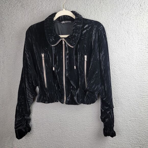 Zara Jacket Womens M Black Crushed Velvet Cropped Silver Zipper Pockets Dolman - Picture 13 of 15